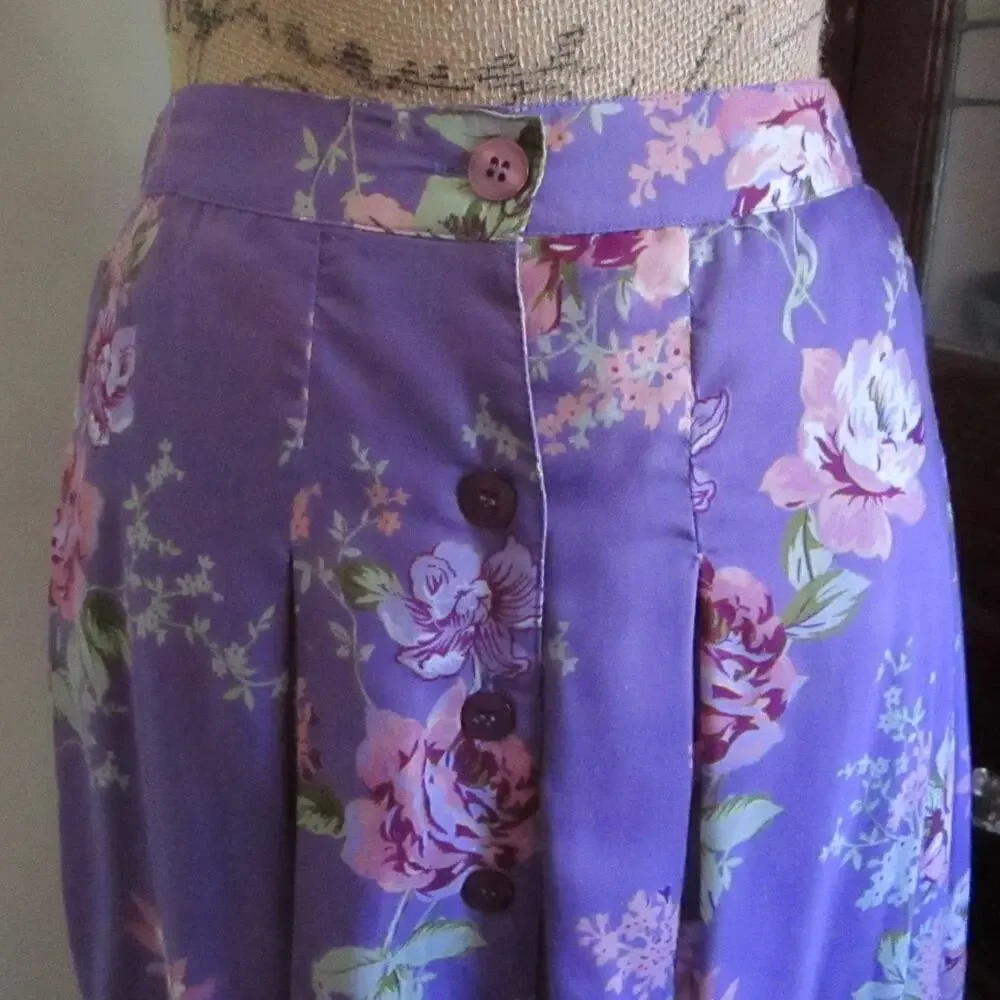 Vintage Lavender Floral Maxi Skirt Cottagecore Button Front L Denim 24/7